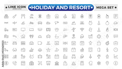 Holiday and Resort outline icon set. Summer travel icon set. holiday tour icons for app and website containing hotel sun camp mountain drink plane island. Editable stroke outline icon.
