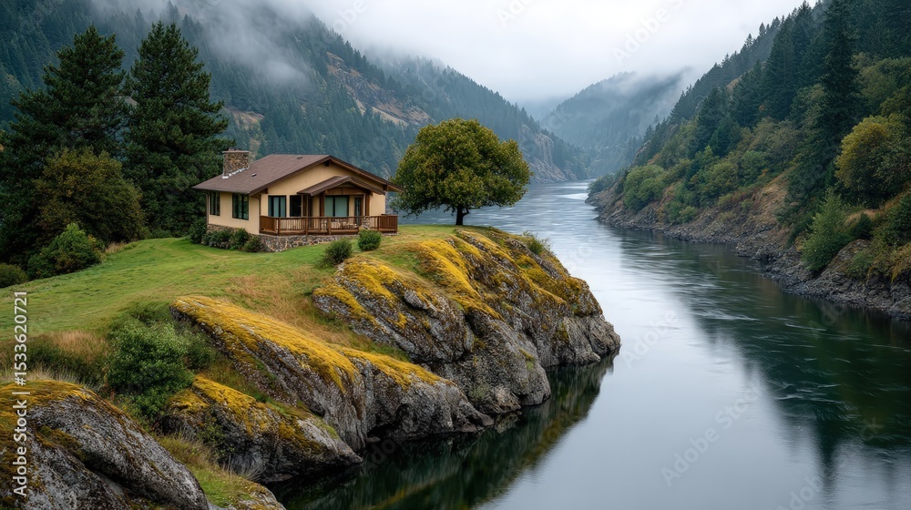 Fototapeta premium Peaceful mountain river house