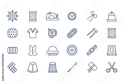 Knitting, Crocheting and Sewing Icon Set. Collection of Line Art Icons Including Yarn, Needles, Scissors, Sweaters, Buttons, and More  Elements Vector Illustration on White Background