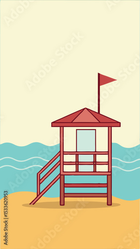 Cartoon illustration of lifeguard tower on sandy beach near the ocean waves