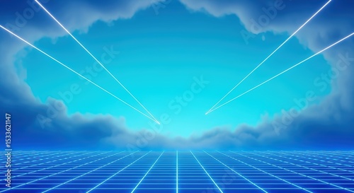 Retro Grid with Blue Sky and Clouds