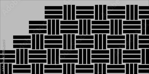 Black Weave Pattern Showing Repetition Useful as Background. Minimal line Seamless geometric pattern with shapes. Decoration and maze ornament square wall tile. black rattan weave texture background.