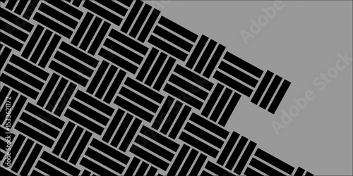 Black Weave Pattern Showing Repetition Useful as Background. Minimal line Seamless geometric pattern with shapes. Decoration and maze ornament square wall tile. black rattan weave texture background.