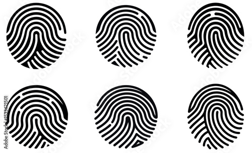Six Isolated Black and White Fingerprint Images Displayed on a Clean White Background