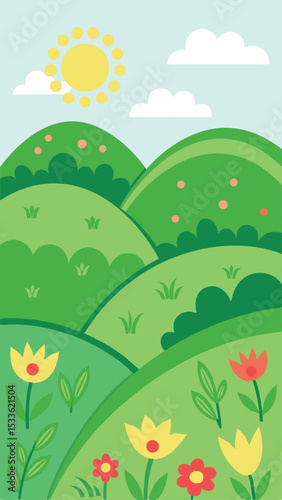 Cartoon landscape illustration featuring rolling green hills with flowers and sunny sky
