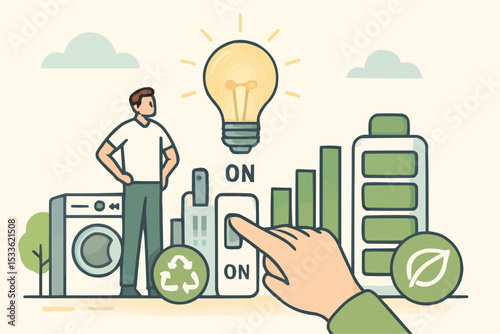 Energy conservation and turn off switch to save electricity outline concept. Green and sustainable power usage from recyclable resources to protect environment and nature ecology vector illustration.