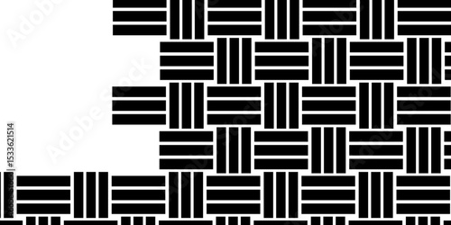 Black Weave Pattern Showing Repetition Useful as Background. Minimal line Seamless geometric pattern with shapes. Decoration and maze ornament square wall tile. black rattan weave texture background.