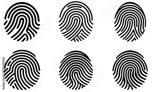 Six Fingerprint Variations in Black and White Illustrating Unique Identification and Security Measures