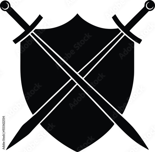 A black shield and swords icon, Shield and Swords Silhouette vector Illustration 