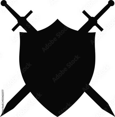A black shield and swords icon, Shield and Swords Silhouette vector Illustration 