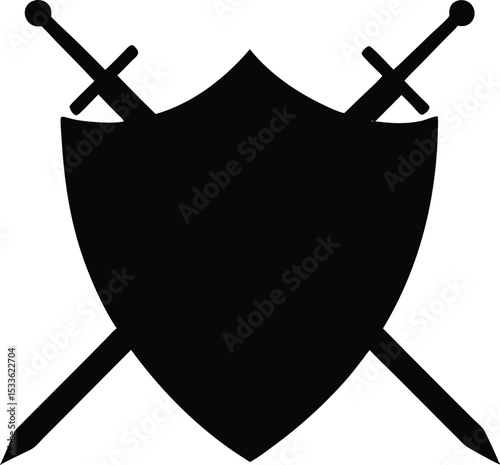 A black shield and swords icon, Shield and Swords Silhouette vector Illustration 