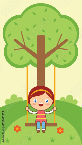Cheerful cartoon illustration of a little girl swinging on a beautiful tree swing