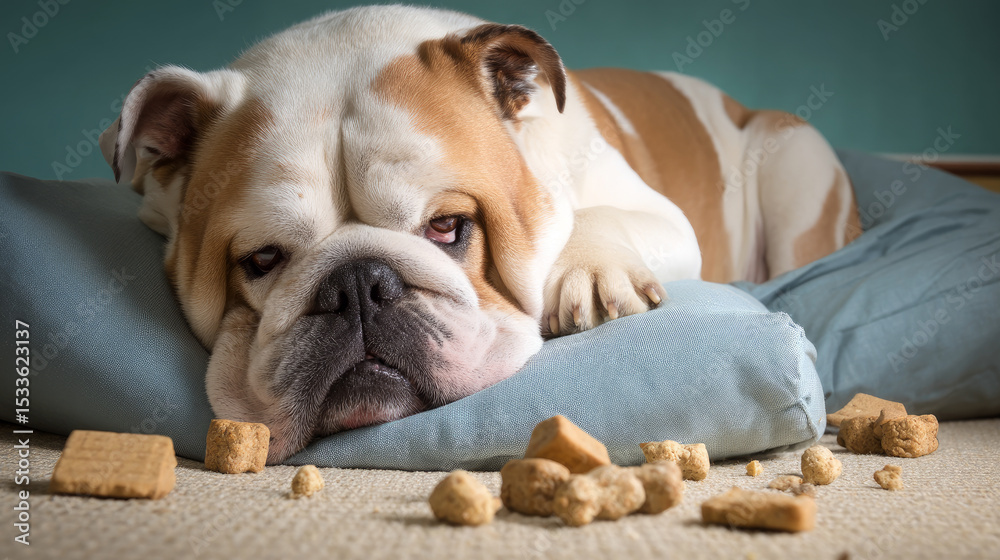 Cute fat dog sad because excess weight. Modern problem of obesity in pets due to overfeeding with food and treats. Concept diet and fight against excess weight in dogs and awareness of animal health Cute fat dog sad because excess weight. Modern problem of obesity in pets due to overfeeding with food and treats. Concept diet and fight against excess weight in dogs and awareness of animal health