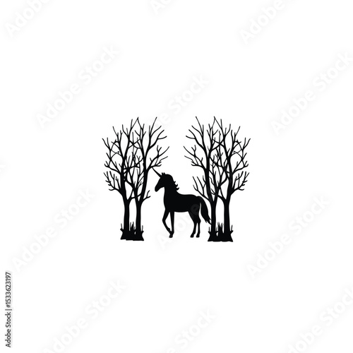 unicorn standing in a silhouette forest clearing on white background