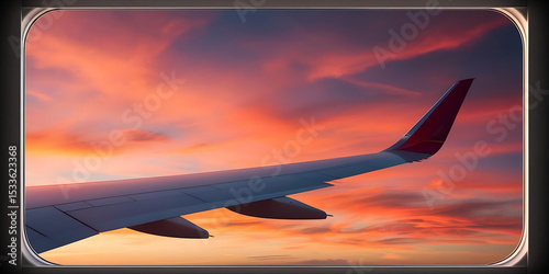 Airplane wing silhouetted against a colorful sunset sky