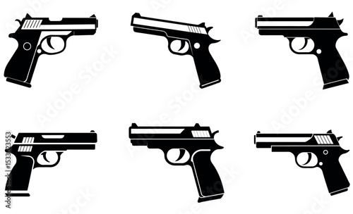 Six Black Silhouette Pistols in Varying Styles on White Background Firearms Collection