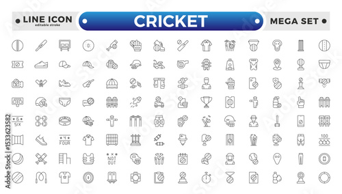 Cricket outline Icon Set. Bat, Ball, Wicket, Player & Match Vector Symbols Collection. Editable stroke outline icon.
