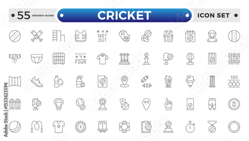 Cricket outline Icon Set. Bat, Ball, Wicket, Player & Match Vector Symbols Collection. Editable stroke outline icon.
