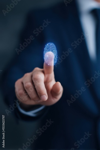 integrity access lock encryption verification concept. A person scanning a fingerprint on a digital interface.
