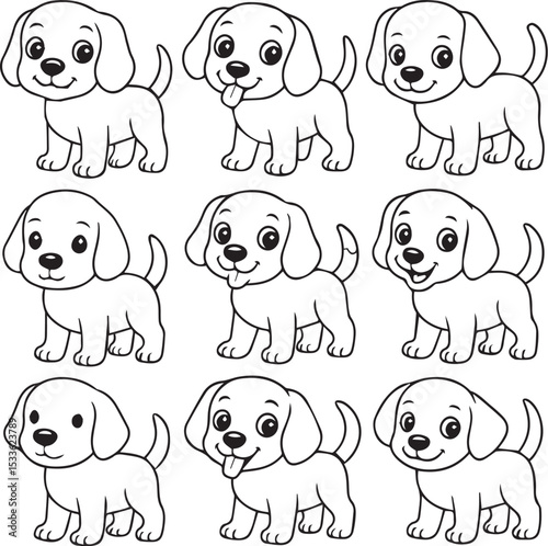 Adorable Cartoon Dog in Various Cute Poses Line Art Vector Set