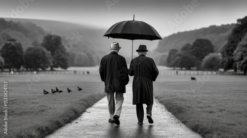 Rainy day stroll two men umbrella