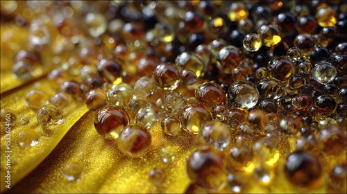 Extreme Close-Up of Dew Drops on Sunflower Petals

 photo