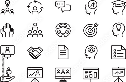 Teamwork and Collaboration Icons: A set of vector icons representing teamwork, collaboration, communication, and brainstorming, perfect for presentations and business documents. 