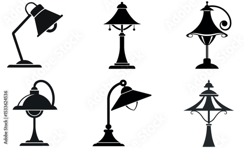 Black Silhouette Illustration of Various Lamp Types Including Desk Lamps and Street Lights