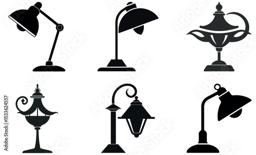 Graphics of Desk, Bedside, and Decorative Lighting Fixtures in Black and White Style