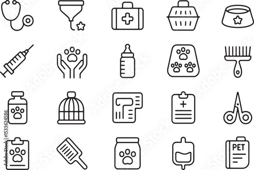 Vet Clinic Icons: A comprehensive set of veterinary clinic icons, including medical instruments, pet care items, and record-keeping tools, designed for user interfaces or informational materials.