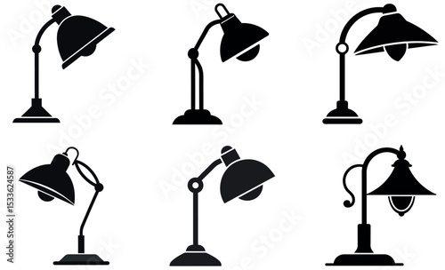 Six Black Silhouette Table Lamp Illustrations with Varying Designs on White Background