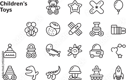 Toys Delight: A delightful array of toys, carefully illustrated in a clean line art style, perfect for playful designs and creative projects.