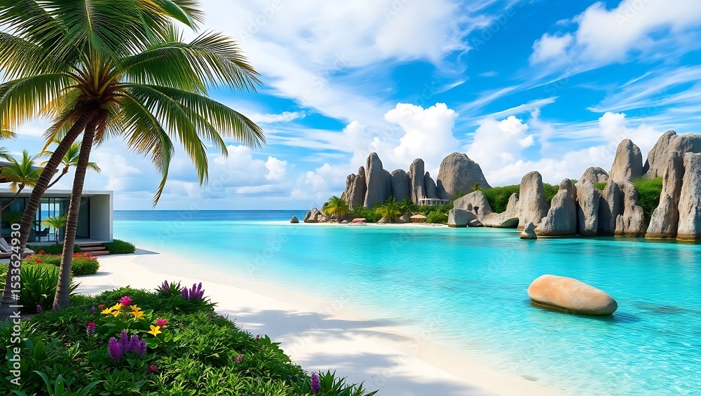 Naklejka premium Luxury tropical beach villa with stunning ocean view