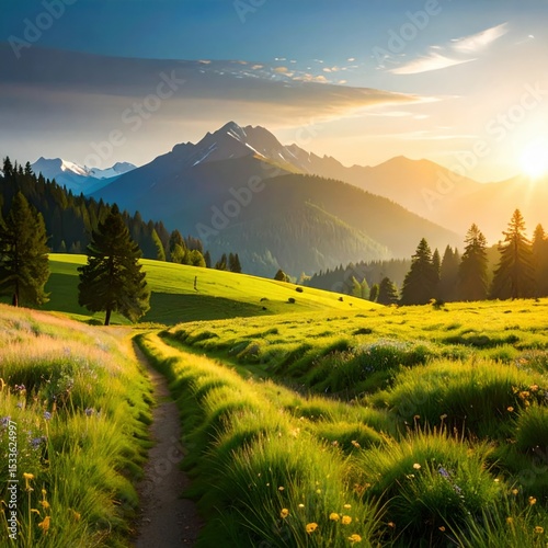 Breathtaking sunrise over mountain landscape in nature scenic viewpoint vibrant green hills and flora