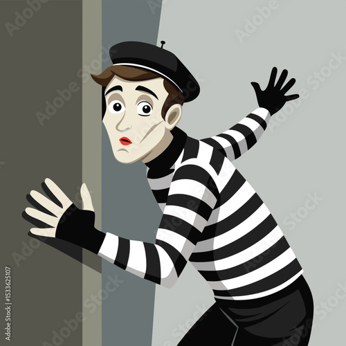 A man, a mime, in traditional black and white, trapped in an invisible box, showcasing silent performance art.