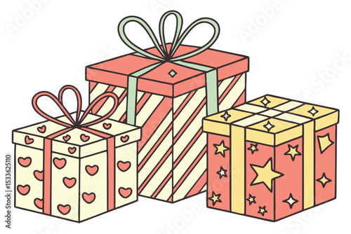 Gift Packaging Icons. Outline icon set of gift packaging styles: kraft paper wrap, clear cellophane bag, metallic foil box, fabric