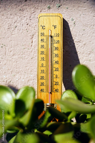 Temperature readings on a hot summer day, close-up. An analog thermometer installed near a green plant, the scale of which shows 30 degrees Celsius and 83 degrees Fahrenheit. Concept of climate crisis