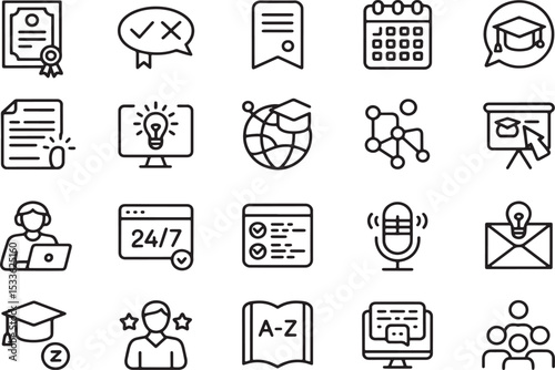 Education and Learning Icon Set: A collection of line art icons representing diverse aspects of education and learning, including online courses, academic achievements.
