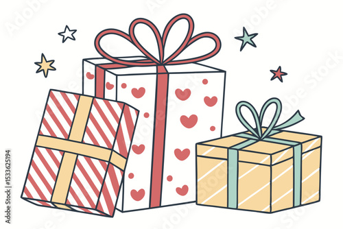 Gift Packaging Icons. Outline icon set of gift packaging styles: kraft paper wrap, clear cellophane bag, metallic foil box, fabric