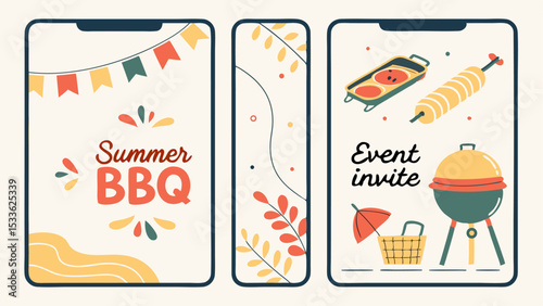 Three vertical banners featuring a summer barbecue event invite with grill and picnic basket design elements
