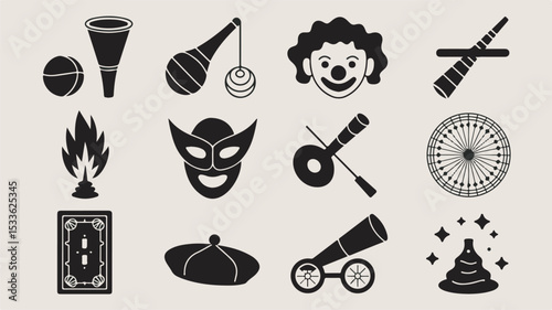 Silhouetted circus themed icon set featuring elements like a clown face cannon mask cards magic and circus ball