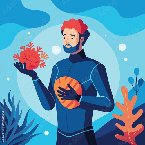 Adventurous man (oceanographer) in a wetsuit, holding a piece of coral, exploring marine life.