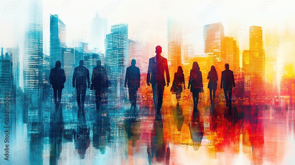 Double-Exposure Watercolor Image of Business People Against a Cityscape, Symbolizing Professional Growth, Urban Development. Double-Exposure Watercolor Image of Business People Against a Cityscape, Symbolizing Professional Growth, Urban Development.