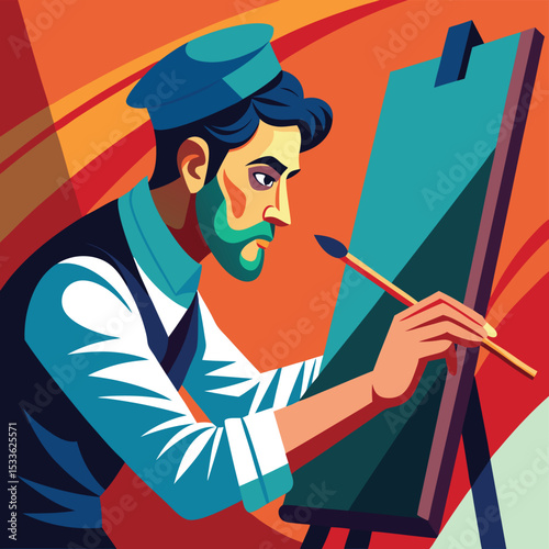 Artistic man (fine art painter) dabbing a brush on a canvas, focused on creating a masterpiece.
