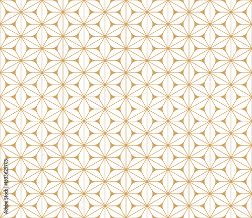 Seamless Japanese Asanoha pattern features repeating geometric stars, hexagon in gold on a white background, symbolizing growth and health.

