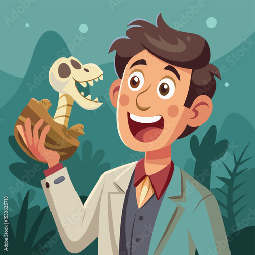 Curious man (palaeontologist) holding a dinosaur bone, excited by ancient discoveries.