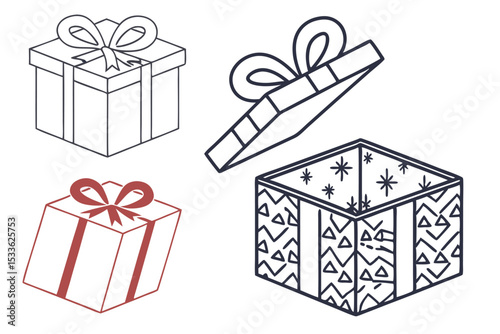 Gift Packaging Icons. Outline icon set of gift packaging styles: kraft paper wrap, clear cellophane bag, metallic foil box, fabric