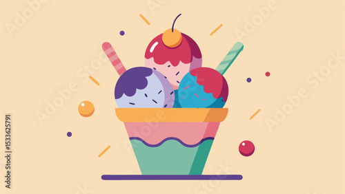 Colorful cartoon ice cream sundae illustration with various delicious flavors and cherry