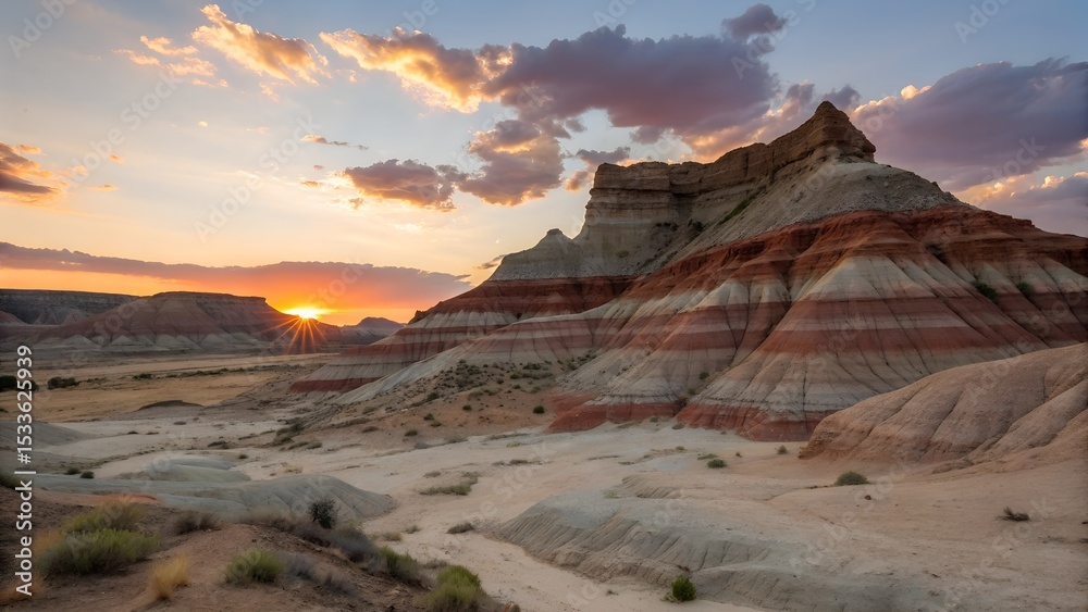 Fototapeta premium Layered Rock Formation at Sunset, Desert Landscape.