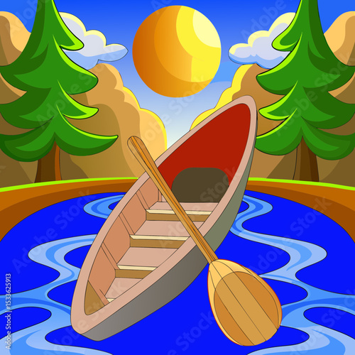 Red cedar canoe gliding through mirror-like river at sunrise, mist rising with visible paddle swirls

